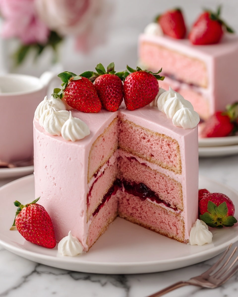 The image shows a two-layer pink cake with a smooth pink frosting covering the whole cake. The top layer is decorated with fresh red strawberries cut in halves and placed with green leaves on top, along with small white cream dollops around the edge. Between the two pink cake layers is a dark red jam spread. The cake is on a white plate, set on a white marbled surface, with another slice of the same cake in the background. Photo taken with an iphone --ar 4:5 --v 7