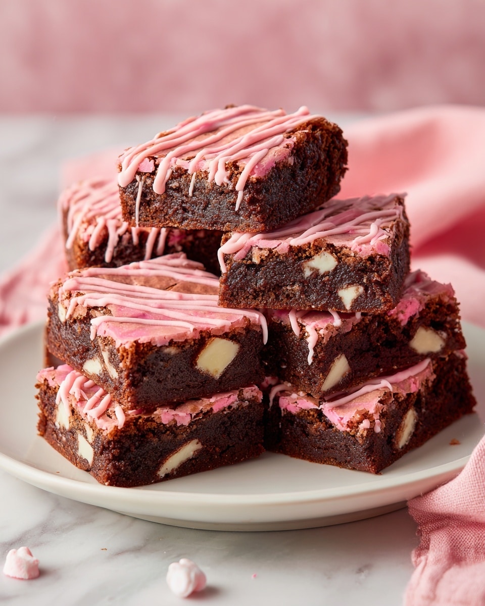 A white plate holds six square red velvet brownies stacked in a casual pile. Each brownie has a deep red base layer with a slightly crumbly texture, topped with a light pink layer that looks moist and soft. The top layer is drizzled evenly with thin lines of glossy pink icing and scattered with small white chocolate chunks. The plate is placed on a soft pink cloth on a white marbled surface, creating a gentle and cozy setting. photo taken with an iphone --ar 4:5 --v 7
