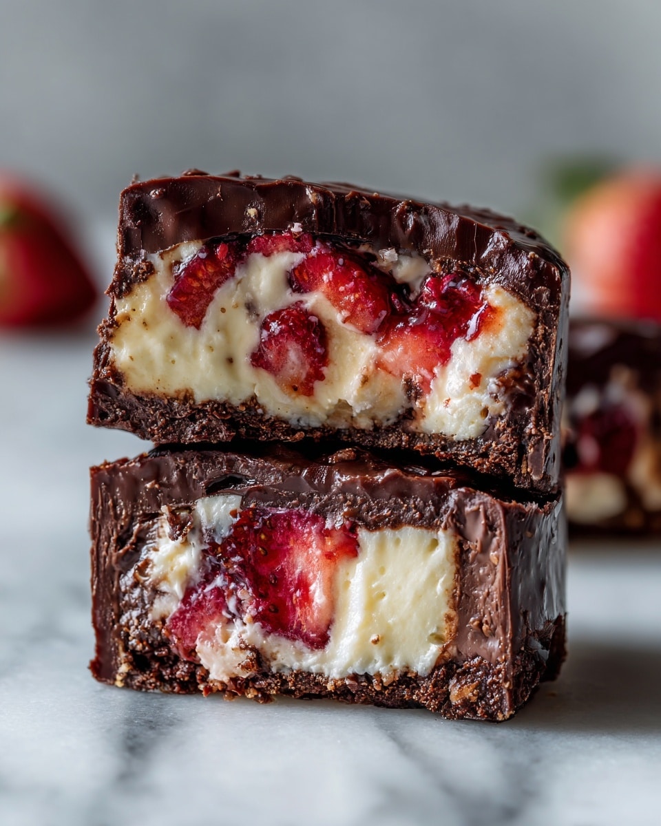 The image shows two pieces of a dessert with a rough dark brown chocolate outer layer that looks thick and slightly crunchy. Inside, there are two visible layers of white creamy filling that looks soft and smooth, mixed with bright red strawberry chunks evenly spread throughout. The dessert pieces are placed on a white marbled surface, with blurred pink and red colors in the background suggesting more strawberries nearby. The lighting highlights the shiny texture of the chocolate and the fresh, juicy look of the strawberries. photo taken with an iphone --ar 4:5 --v 7