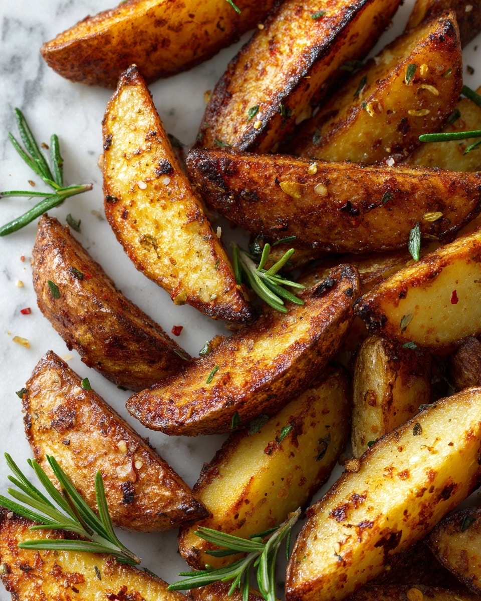 This image shows close-up crispy potato wedges arranged closely on a white marbled surface. Each wedge is golden brown with charred edges, showing a crunchy texture from the seasoning of herbs and spices sprinkled over them. A few sprigs of fresh green rosemary are placed among the wedges, adding contrast and a touch of color to the warm tones. The wedges vary slightly in size and angle, filling the frame with a rustic and hearty look. photo taken with an iphone --ar 4:5 --v 7