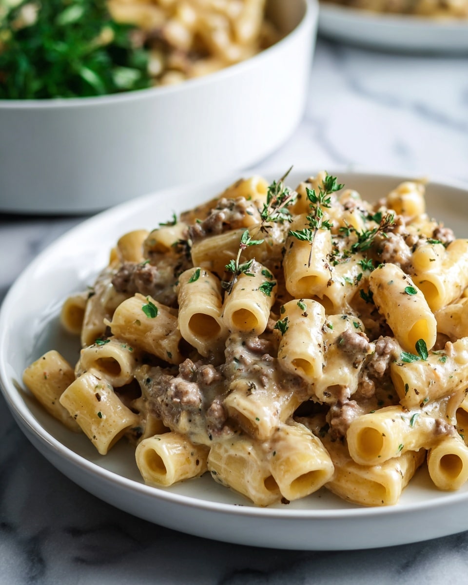 A white bowl filled with creamy pasta made of penne noodles covered in a light beige sauce. The pasta is mixed with browned ground meat pieces and topped with specks of fresh green herbs and shredded cheese scattered evenly on top. The background shows a blurred bunch of fresh herbs on a white marbled surface. photo taken with an iphone --ar 4:5 --v 7