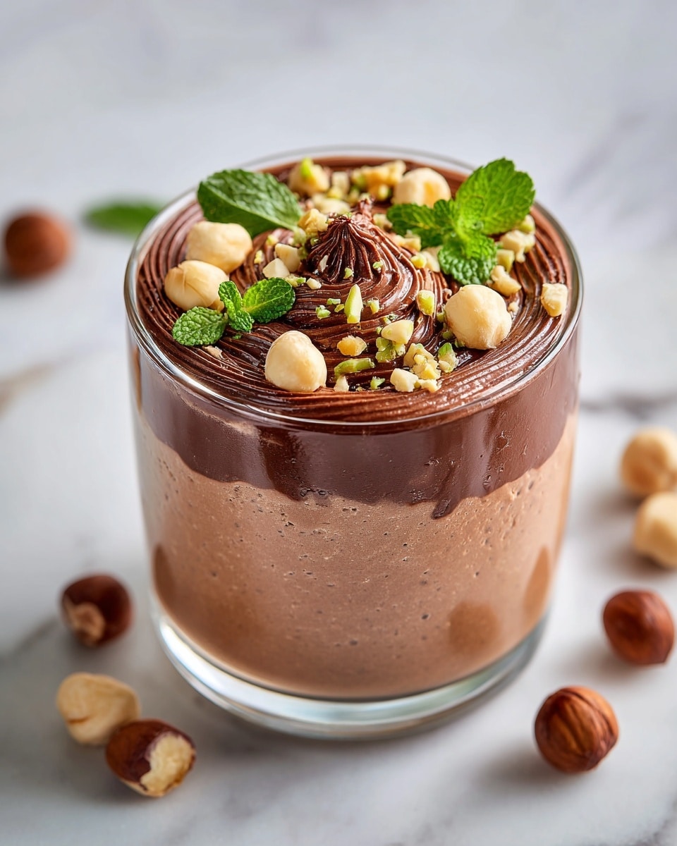 A clear glass filled with two layers of chocolate mousse: the bottom layer is thick and light brown with a smooth texture, while the top layer is darker brown and has a denser, swirl pattern. The mousse is decorated on top with chopped nuts and whole hazelnuts scattered around, along with small green mint leaves for color contrast. The glass sits on a white marbled surface with a few hazelnuts placed nearby. Photo taken with an iphone --ar 4:5 --v 7