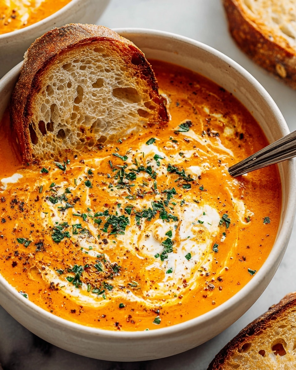 A creamy orange soup with a smooth texture fills a white bowl, topped with scattered chopped green herbs and sprinkled black pepper. There are visible white chunks of cheese or tofu melting gently on the surface. A silver spoon rests inside the bowl, slightly dipped into the soup. On the side, a toasted, golden-brown slice of crusty bread leans against the bowl’s edge, with more bread pieces nearby on a white marbled surface. The overall look is warm, rich, and inviting. photo taken with an iphone --ar 4:5 --v 7