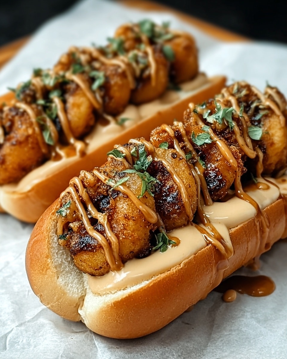 The image shows two hot dog buns filled with crispy, golden-brown fried shrimp pieces that have a slightly charred texture. Each bun holds a layer of creamy light brown sauce spread on the bottom, topped with the shrimp, and finished with a drizzle of the same sauce over the shrimp. There are small green herb pieces on top as garnish. The hot dog buns look soft and lightly toasted, sitting on a white, marbled surface with a parchment paper underneath. photo taken with an iphone --ar 4:5 --v 7