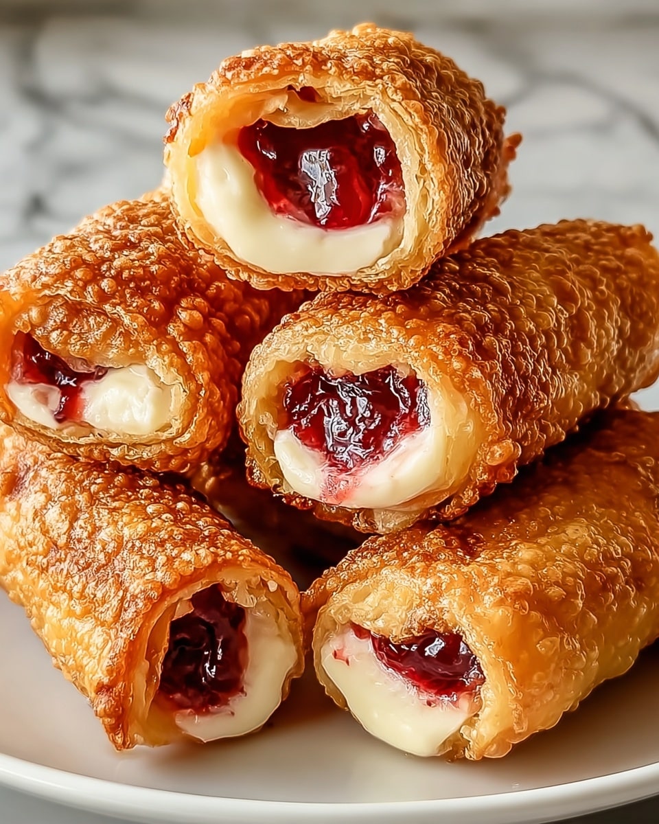 There are five golden-brown, crispy fried rolls stacked closely on a white plate placed on a white marbled surface. Two rolls are sliced open at the front, showing three layers inside: a crispy outer shell with small bubbles, a white creamy middle layer, and a thick, dark red jam center. The other three rolls remain whole, showing the same crunchy, bubbly texture on their surface. photo taken with an iphone --ar 4:5 --v 7