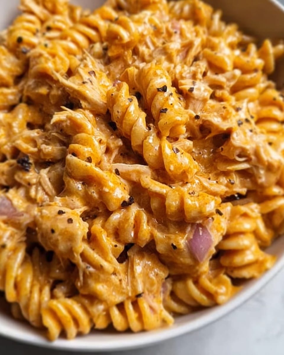 The image shows a close-up of a bowl filled with spiral pasta coated in a creamy orange sauce. The pasta looks soft and well mixed with small bits of herbs and seasoning scattered throughout. The sauce appears smooth and thick, covering each piece of pasta evenly, giving a rich and appetizing look. The bowl is white, and the background has a white marbled texture, making the colors of the dish stand out. photo taken with an iphone --ar 4:5 --v 7