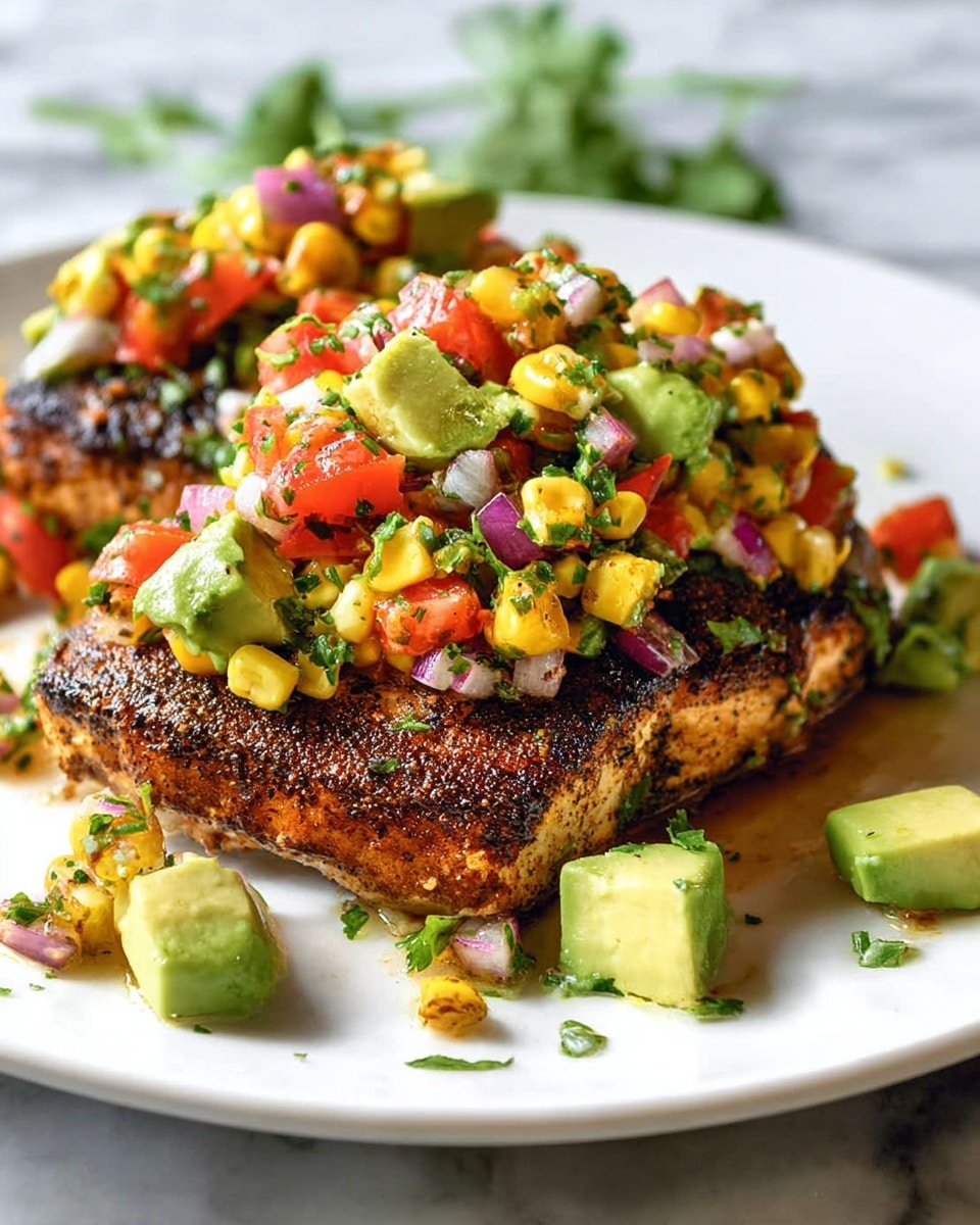 A grilled fish fillet with a dark brown charred crust lies flat on a white plate, topped with a colorful salsa made of bright green avocado cubes, red tomato pieces, toasted yellow corn kernels, and small bits of red onion, all mixed with chopped green herbs. The salsa looks fresh and chunky, sitting thickly on the fish and spilling a bit onto the plate, which rests on a white marbled surface that softly reflects light. In the background, another piece of the fish with salsa is slightly out of focus, creating depth in the image. photo taken with an iphone --ar 4:5 --v 7