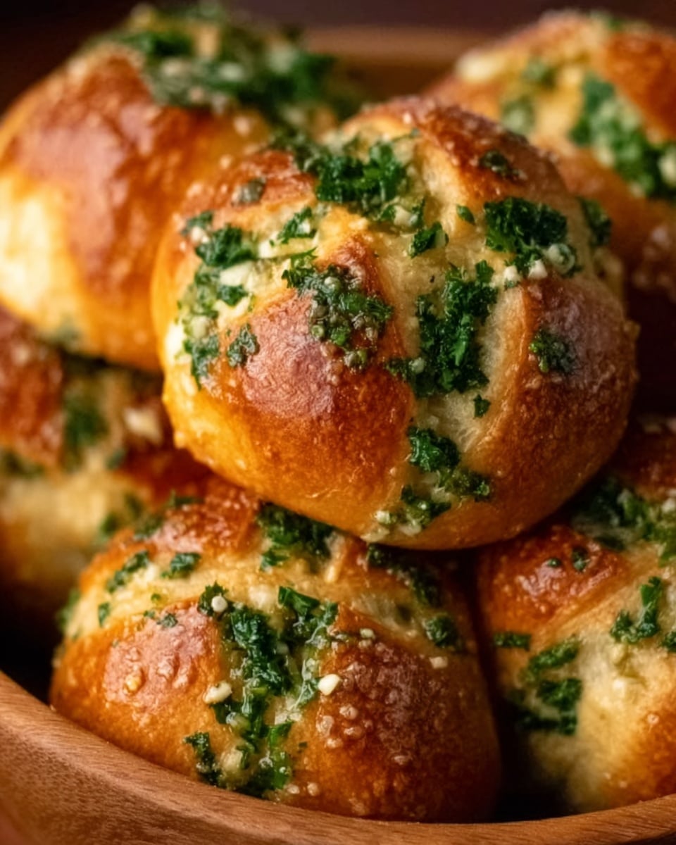 A close-up view of soft pretzel knots on a wooden plate, each pretzel knot golden brown with a shiny, slightly crispy surface. They are topped with chopped green herbs, melted garlic butter that glistens on the top, and white salt crystals sprinkled unevenly. The pretzels have visible twists and a fluffy texture inside. The background surface is a white marbled texture. photo taken with an iphone --ar 4:5 --v 7