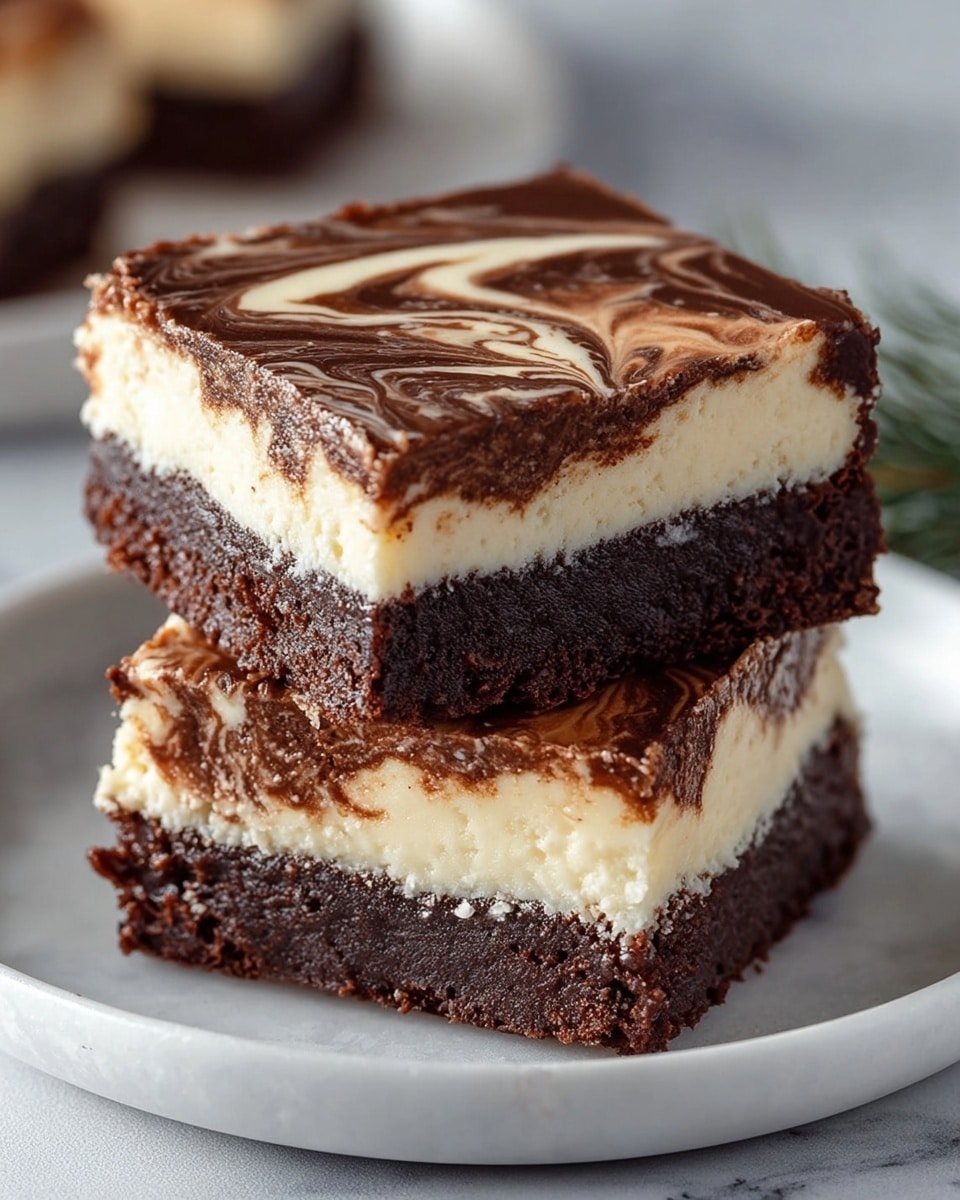 The image shows two square pieces of dessert stacked on a white plate with a white marbled texture underneath. Each piece has three layers: a dark brown, dense and fudgy bottom layer; a thick middle layer of creamy, light beige cheesecake with smooth texture mixed slightly with the bottom layer; and a thin top layer with a shiny, cracked surface of dark brown chocolate with swirls of light cream color. There are small crumbs around the base of the dessert. Photo taken with an iphone --ar 4:5 --v 7