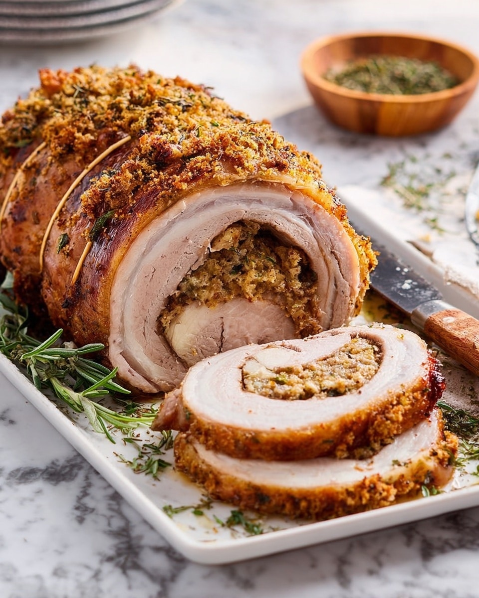 The image shows a large porchetta roast placed on a white rectangular plate on a white marbled surface. The porchetta has a golden-brown, crispy outer crust with visible seasoning and herbs. It is sliced to reveal layers, starting with the crispy skin layer on the outside, followed by a thick, tender pork layer, and an inner spiral of a finely mixed herb and breadcrumb stuffing with a slightly crumbly texture. Around the plate, fresh green herbs add a touch of color. In the background, there is a small wooden bowl filled with a coarse seasoning mix and a knife lying beside the plate. Photo taken with an iphone --ar 4:5 --v 7