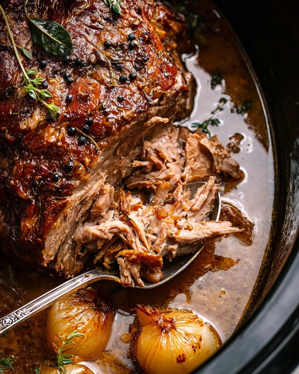 A close-up view of a slow-cooked, golden-brown roast chicken with a crispy, textured skin and herbs sprinkled on top. The chicken is in a black pot filled with rich, dark brown juices and small whole onions that are softened and lightly caramelized. Part of the meat is shredded and lifted with a silver serving fork, showing tender, juicy white and light brown layers beneath the crispy skin. The whole scene sits on a white marbled surface. photo taken with an iphone --ar 4:5 --v 7