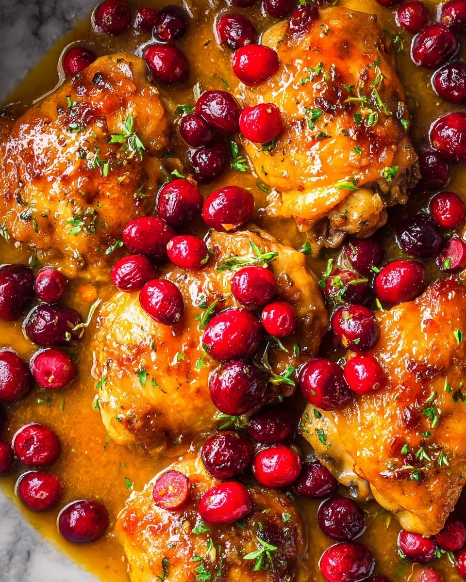 The image shows a close-up of cooked chicken thighs with a golden-brown crispy skin, covered in a shiny, sticky orange glaze. Bright red cranberries are scattered across the chicken, adding vibrant color contrast. Small green herb bits are sprinkled on top, giving a fresh touch. The dish sits in a layer of thick, glossy sauce that pools around the chicken and cranberries, making the surface look juicy and rich. The photo is taken tight-up, filling the frame with the details of the dish. Photo taken with an iphone --ar 4:5 --v 7
