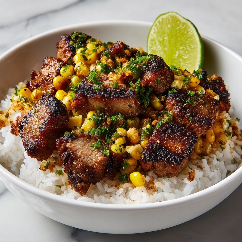 The image shows a close-up of a dark bowl filled with white rice at the bottom layer, topped with golden-brown grilled meat pieces cut into small cubes, mixed with roasted chickpeas, and sprinkled with chopped green herbs. A wedge of lime is placed on the side, adding a fresh touch. The food looks juicy and well-cooked, sitting against a white marbled background. Photo taken with an iphone --ar 4:5 --v 7