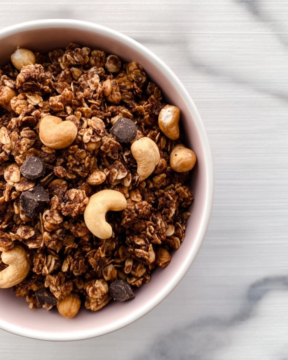 A close-up view of a white bowl filled with crunchy granola that has a mix of light and dark brown clusters, along with visible cashew nuts and small chocolate chips scattered throughout. The bowl is placed on a white marbled surface, showing texture and subtle veins, and part of a woman's hand is holding the bowl from the right side. The granola looks dry and crunchy with a rough texture. Photo taken with an iphone --ar 4:5 --v 7