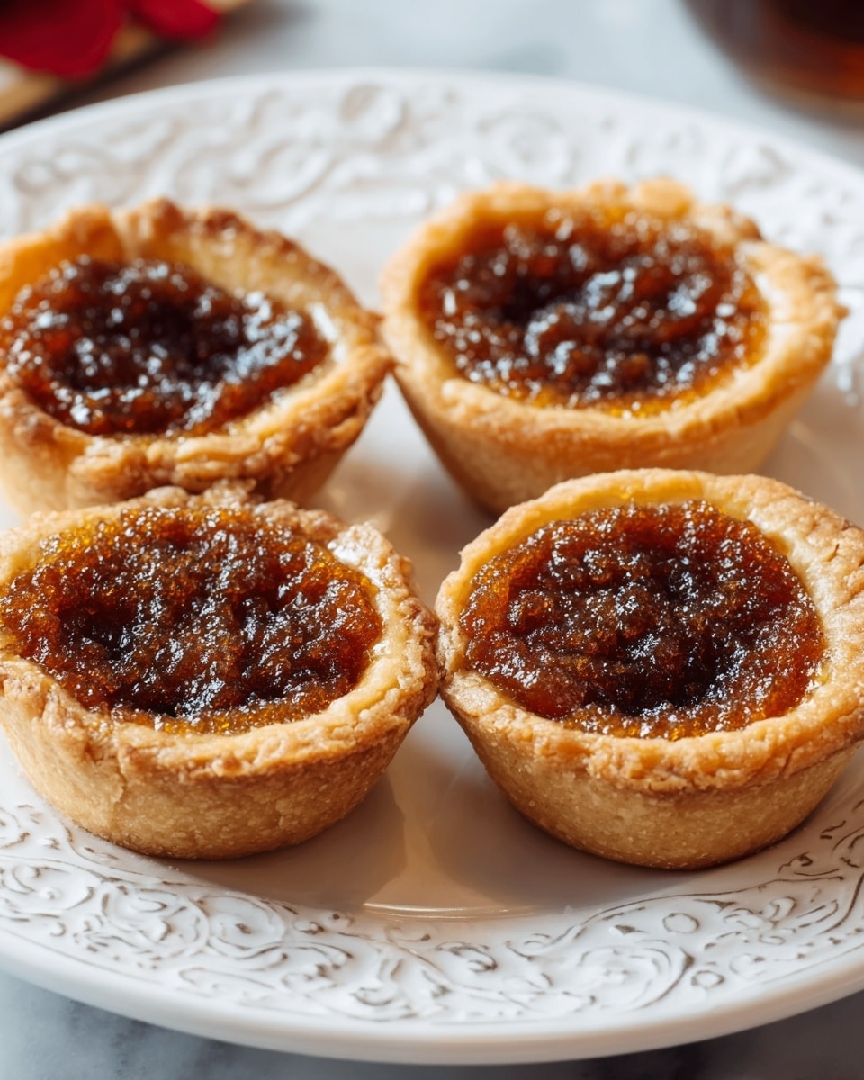 Four small tarts sit closely together on a white plate with intricate raised patterns around the edge. Each tart has a thick, lightly golden crust that forms a rough but neat cup shape, holding a rich, dark brown filling with a glossy, slightly grainy texture, looking caramelized and sticky. The filling is unevenly spread, showing its thick and syrupy nature. The plate is set against a white marbled surface, giving a clean and bright look to the setting. photo taken with an iphone --ar 4:5 --v 7