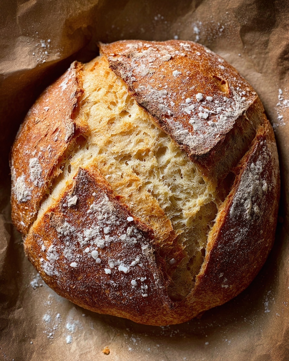 A close-up of a round loaf of bread with a golden brown crust, cracked open in four places, showing a light and airy inside with small holes. The crust has a slight shine and is sprinkled with white flour. The bread is resting on cream parchment paper, with a soft texture visible around the edges. Photo taken with an iphone --ar 4:5 --v 7