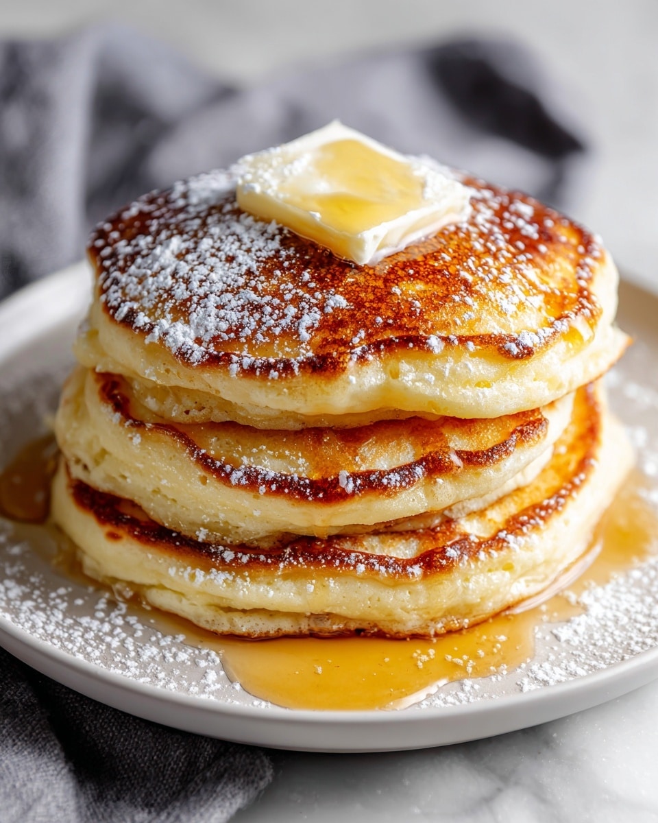 A white plate sits on a white marbled surface, holding a stack of three golden brown pancakes that are square-shaped with slightly crisp edges and soft, fluffy interiors. The bottom pancake rests flat, with two more layers stacked evenly on top, each showing a light, airy texture with small air holes. A small square of slightly melted butter sits on the top pancake. A light drizzle of syrup covers the top layer and spills slightly down the sides, adding a shiny glaze. The background is blurred but dark, making the warm colors of the pancakes stand out. Photo taken with an iphone --ar 4:5 --v 7