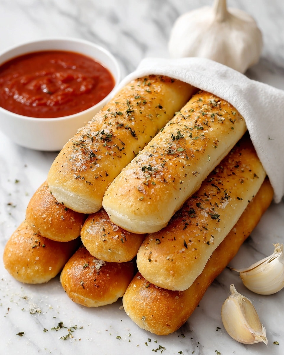 A stack of soft golden breadsticks with a light, smooth texture and specks of herbs on their surface is wrapped partially in a white cloth. There are about eight breadsticks arranged in two layers, with four on the bottom and four on top, all tapering to rounded ends. In the background, a small white bowl filled with bright red marinara sauce and a white garlic bulb can be seen against a white marbled surface. photo taken with an iphone --ar 4:5 --v 7