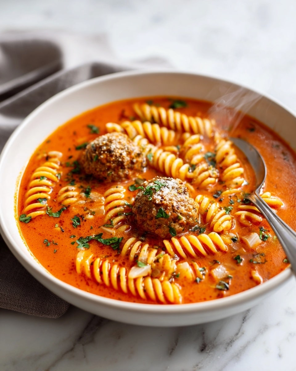 A white bowl filled with creamy orange pasta sauce, containing three round meatballs and several twisted rotini pasta pieces. Small green spinach leaves and bits of white cheese are scattered throughout the sauce. A silver spoon rests inside the bowl on the right side. The bowl sits on a white marbled surface. photo taken with an iphone --ar 4:5 --v 7