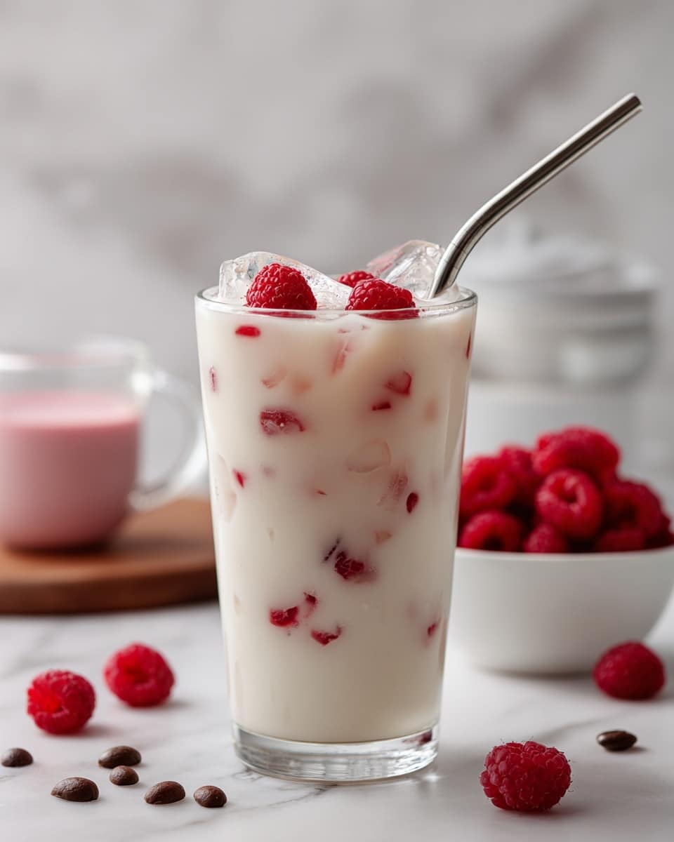 A clear glass filled with a creamy white drink that has small red raspberry pieces evenly scattered throughout. On top, there are several whole raspberries resting on the surface, some partially submerged, and a metal straw is placed inside the glass on the right side. The glass sits on a white marbled surface with a couple of loose raspberries and dark coffee beans scattered around. In the background, a blurred white glass jar with a metal lid and straw holds a light pink drink, and a dark bowl filled with fresh raspberries also slightly blurred is on the right. Photo taken with an iphone --ar 4:5 --v 7