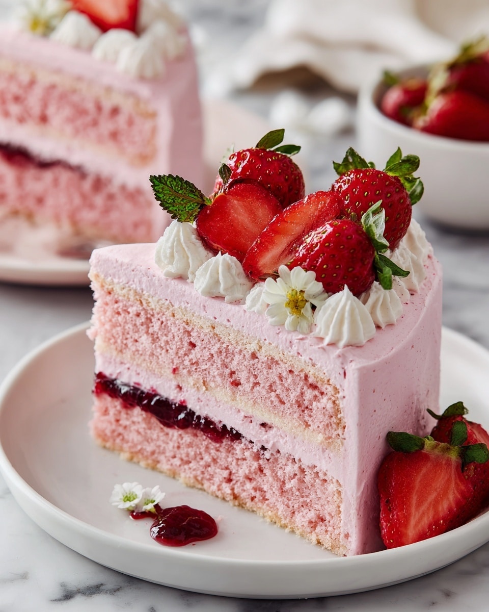 The image shows a pink two-layer cake with light pink frosting covering it smoothly. Inside, there is a darker pink layer of jam or filling between the cake layers. The top of the cake is decorated with halved strawberries with green leaves and small white cream dollops placed around them. The cake sits on a white plate with some crumbs and a few frosting smudges around it. In the background, there is a white marbled surface, a glass bowl with whole strawberries, and a blurred slice of the same cake. Photo taken with an iphone --ar 4:5 --v 7