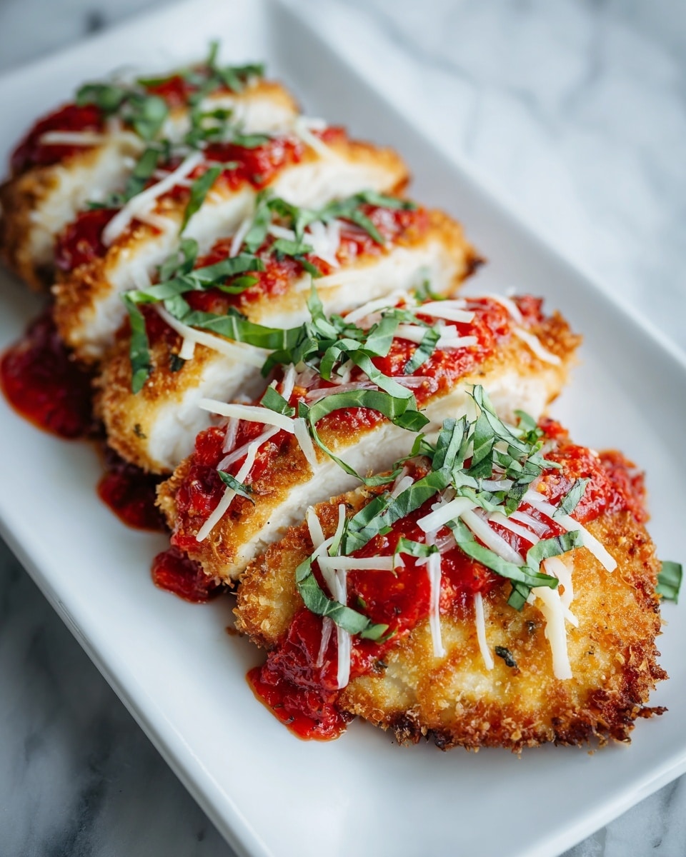 A white plate holds three thick slices of crispy breaded chicken, each with a golden brown and crunchy outer layer and a white tender inside. On top of each slice is a bright red, chunky tomato sauce layer scattered with melted white cheese strands and thin strips of fresh green basil leaves, giving a fresh contrast to the warm tones. The plate sits on a white marbled texture, adding a clean and bright background. photo taken with an iphone --ar 4:5 --v 7