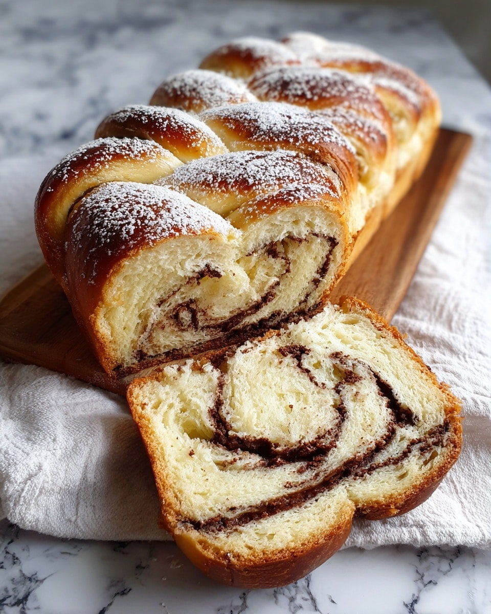 A loaf of twisted bread with a golden-brown crust, topped with a light dusting of white powdered sugar, showing multiple swirled layers of soft, light yellow dough and rich, dark chocolate filling inside. The bread sits on a wooden board lined with a white cloth, all placed on a surface with white marbled texture in soft lighting. One slice is cut and placed in front, revealing the thick, textured chocolate layers inside the soft bread. Photo taken with an iphone --ar 4:5 --v 7