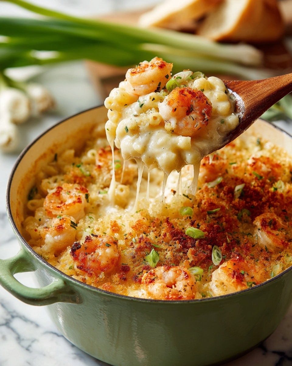 A close-up of a baked dish in a white cast iron pot with a green outside edge, showing a scoop of creamy shrimp and pasta with a golden crispy breadcrumb topping being lifted by a wooden spoon. The dish has three visible layers: the bottom creamy white sauce mixed with pasta, the middle layer of plump pink shrimp coated in sauce, and the top layer of crunchy golden breadcrumbs sprinkled with green herbs. The background has a white marbled surface with blurred slices of bread. Photo taken with an iphone --ar 4:5 --v 7