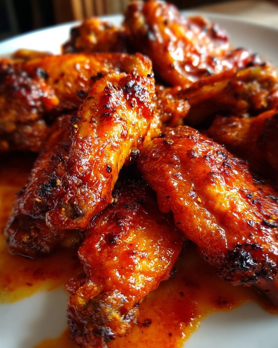 The image shows several cooked chicken wings covered in a shiny, sticky, reddish-brown sauce that looks thick and glossy. The skin on the wings is crisp with a slightly charred texture in some spots, giving a rich, deep brown color with hints of red. The wings are arranged closely together, and pools of the sauce mix with the juices beneath them, creating a wet, appetizing look. The background is a smooth white marbled texture. photo taken with an iphone --ar 4:5 --v 7