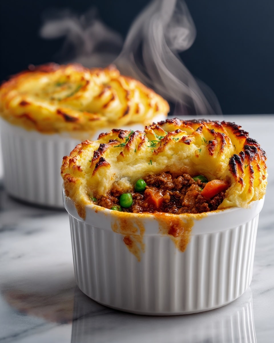 Two white ramekins hold shepherd’s pies with three layers each: a bottom layer of brown, chunky meat and vegetable stew with visible orange carrot slices and green peas, a middle layer of thick gravy slightly spilling down the side of the closer ramekin, and a top layer of golden-browned mashed potatoes that are piped in ridges and peaks. The closer pie has a corner scooped out to show the layers and emits wisps of steam. The pies sit on a black reflective surface with a pure black background. photo taken with an iphone --ar 4:5 --v 7