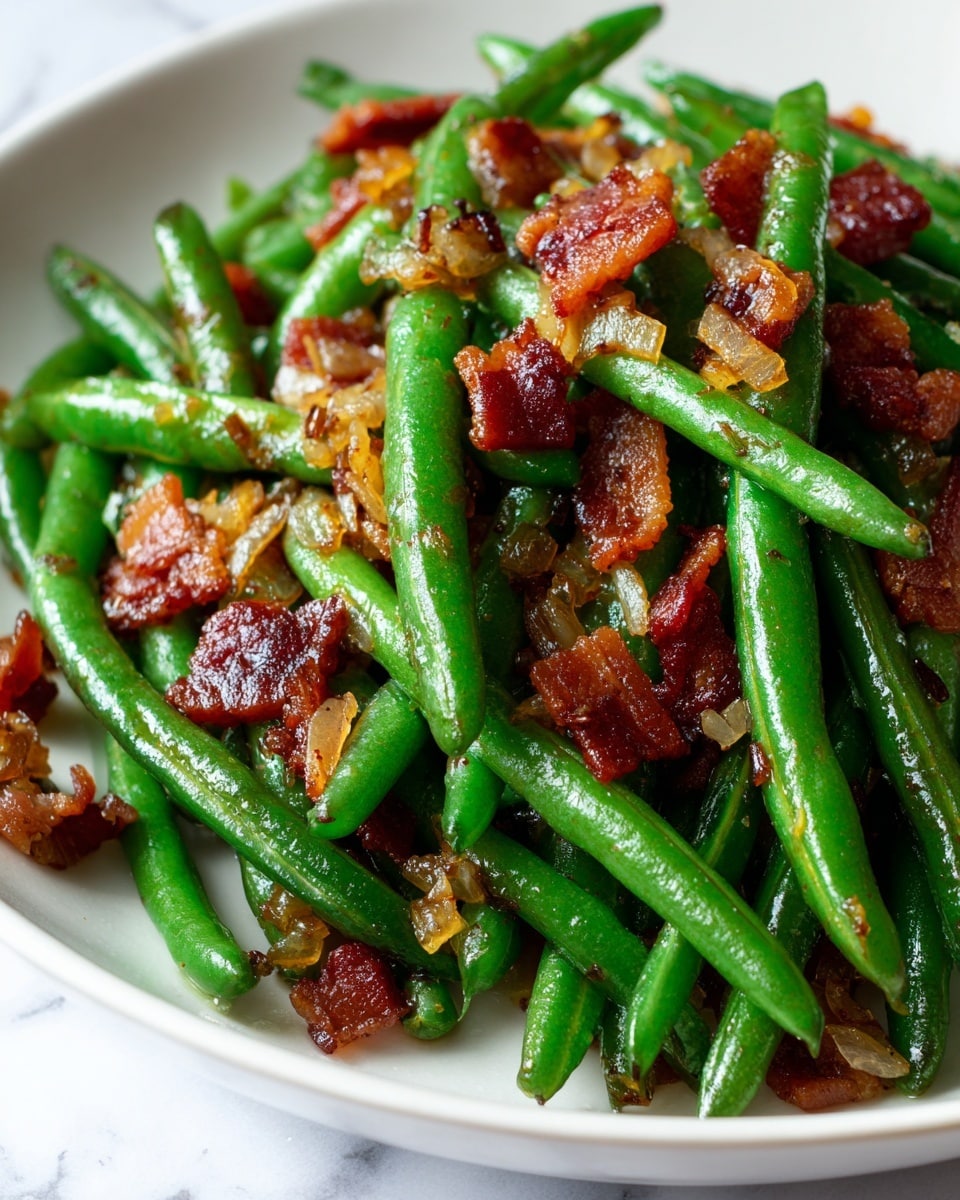 The image shows a close-up of cooked green beans mixed with crispy bacon pieces and small bits of caramelized onions, all coated in a shiny glaze. The bright green beans are whole and slightly wrinkled from cooking, scattered evenly throughout the dish. The bacon pieces are dark reddish-brown, crisp, and chunky, with visible fat parts adding texture. The caramelized onions appear golden and soft, nestled between the green beans and bacon. The food is presented on a white plate against a white marbled background. photo taken with an iphone --ar 4:5 --v 7