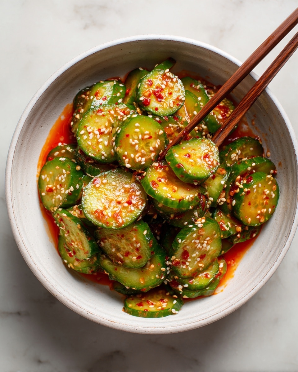 The image shows a white bowl filled with thinly sliced cucumber rounds soaked in a reddish-orange sauce. The cucumbers are bright green with a fresh texture, and they are sprinkled with white sesame seeds and small pieces of red chili flakes, adding color contrast and texture. A pair of wooden chopsticks holds up several cucumber slices in the foreground, showing the glossy surface of the cucumber coated in the spicy-looking sauce. The bowl is placed on a white marbled surface, creating a clean and simple background. photo taken with an iphone --ar 4:5 --v 7
