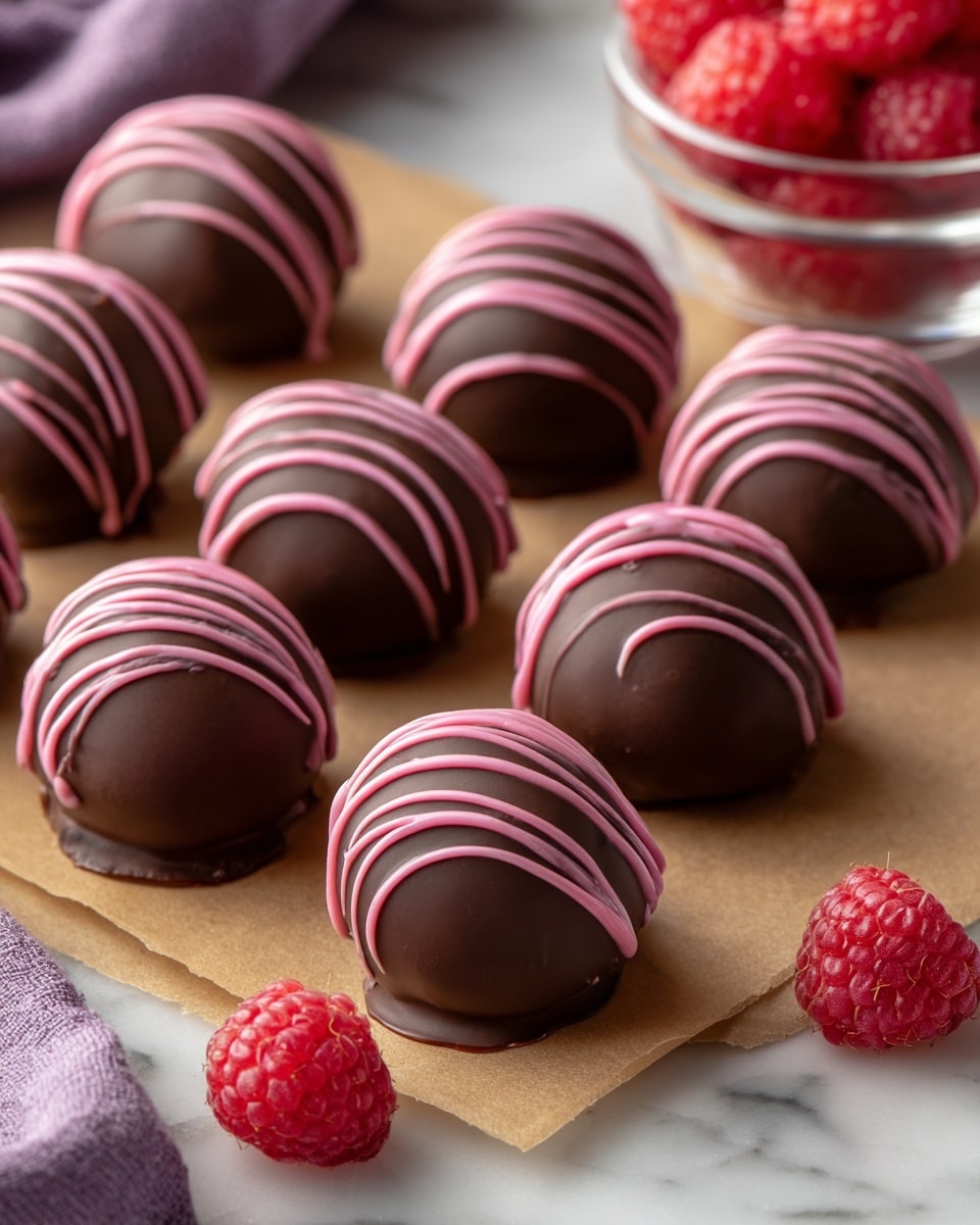 The image shows ten round chocolate truffles placed closely together on light brown parchment paper, arranged in two rows with each truffle decorated with light pink icing drizzled in curved lines on top. Behind the truffles, a clear glass bowl holds several bright red raspberries with one raspberry sitting alone on the parchment paper to the left. A soft pink cloth is visible at the bottom left corner, and everything rests on a white marbled surface. Photo taken with an iphone --ar 4:5 --v 7