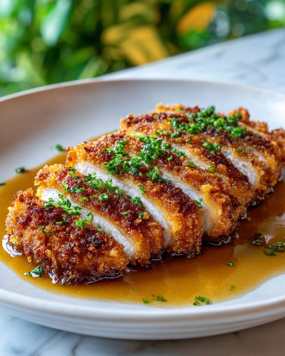 A white plate with six thick slices of crispy golden brown breaded chicken arranged in a row, each slice showing juicy white meat inside, topped with small green chopped herbs and light brown sauce that pools slightly under the chicken. The plate sits on a white marbled surface. Photo taken with an iphone --ar 4:5 --v 7