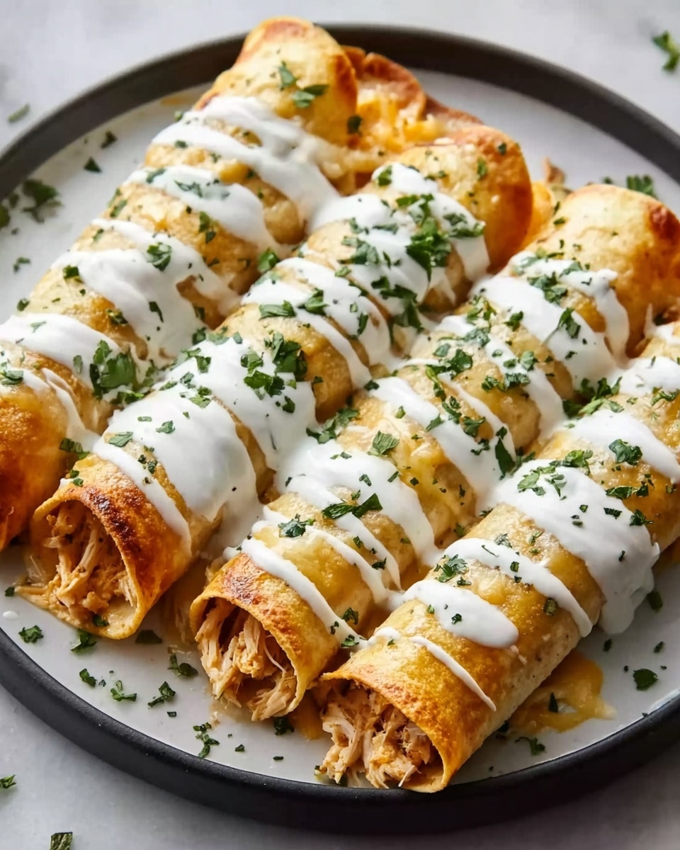 The image shows six rolled tortillas filled with a mixture of shredded chicken and cheese laid side by side on a white plate. Each rolled tortilla is covered with a smooth white sauce drizzled evenly on top and sprinkled with chopped green herbs. The tortillas have a warm golden-brown color with a slightly crisp texture. The plate sits on a white marbled surface. photo taken with an iphone --ar 4:5 --v 7