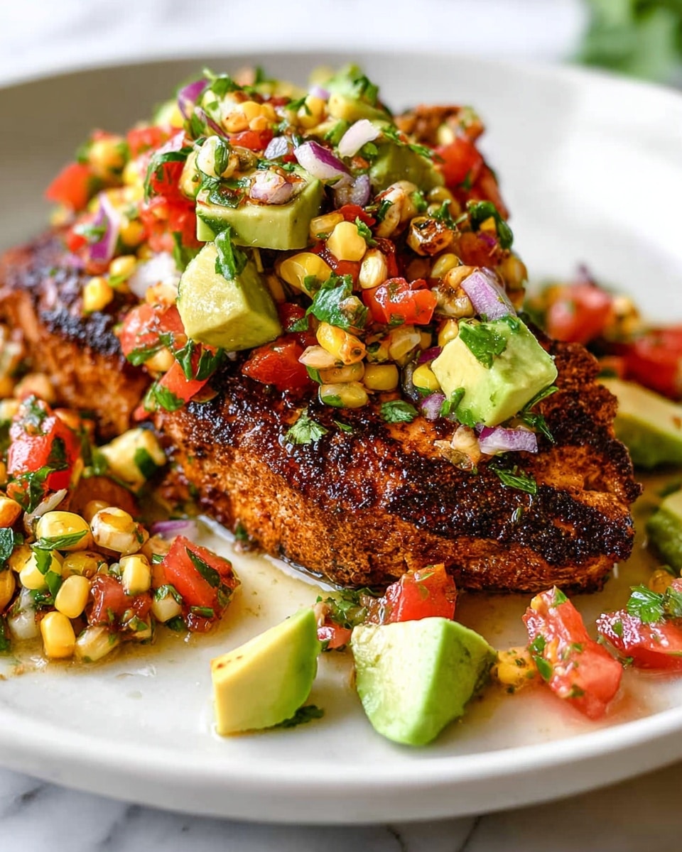 A white plate holds a grilled fish fillet with a textured, dark brown crust as the bottom layer. On top, there is a colorful mixture of chunky avocado cubes, red diced tomatoes, charred yellow corn kernels, finely chopped red onions, and green herbs, all mixed together to form a fresh salsa-like topping. The colors contrast well with the brown fish, and the textures range from soft avocado to crunchy corn. Small pieces of avocado are placed around the plate, and the background shows a white marbled surface. photo taken with an iphone --ar 4:5 --v 7
