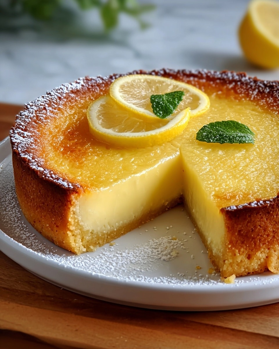 A round lemon tart with three visible layers sits on a white plate dusted with powdered sugar. The bottom layer is a golden-brown thick crust with a crumbly texture, the middle layer is a smooth and creamy yellow lemon filling, and the top layer is a slightly darker golden-brown baked edge with a glossy finish. Two thin lemon slices and two small green mint leaves rest on top near the center. The tart has one slice cut out, showing the clean layers inside. The scene is set on a wooden surface with a white marbled texture in the background. Photo taken with an iphone --ar 4:5 --v 7
