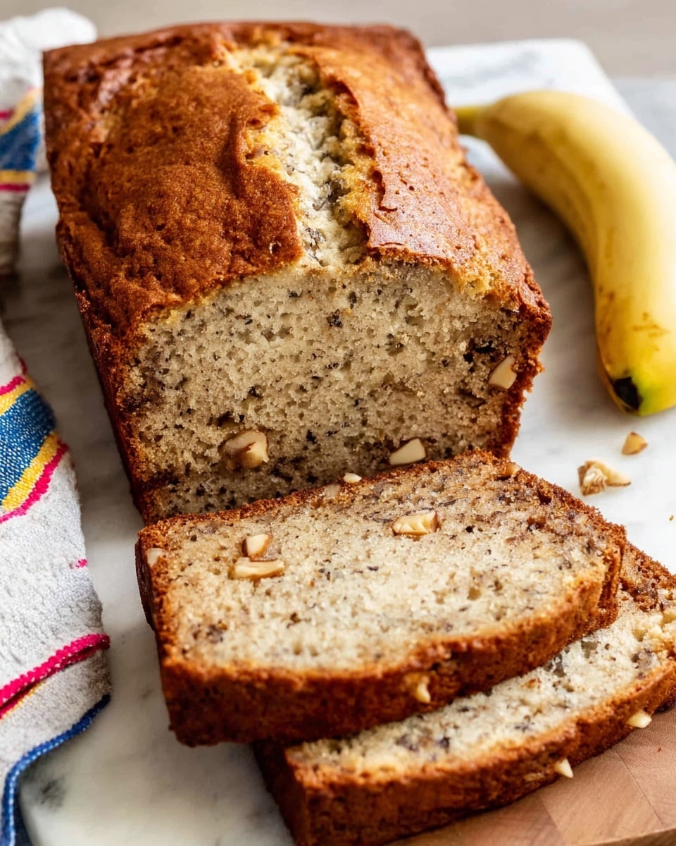 A loaf of banana bread is shown on a white marbled surface, with three thick slices cut and laying in front of the main loaf. The bread has a golden-brown crust on top with a rough texture and a soft, moist inside, speckled with small dark spots and chunks of nuts scattered throughout. To the right side, part of a peeled banana with a yellow peel is visible. In the background, a white cloth with blue and red stripes adds a subtle color contrast. Photo taken with an iphone --ar 4:5 --v 7