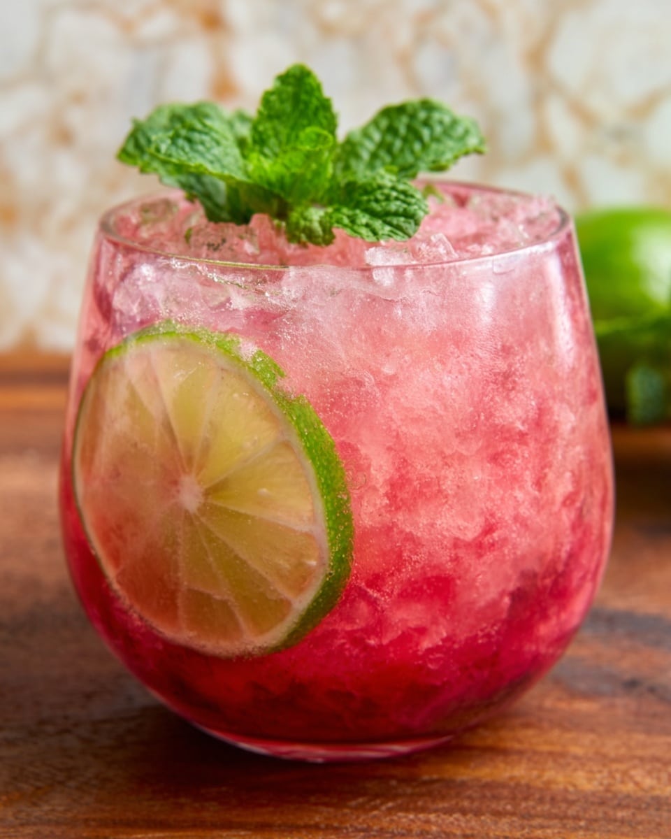 A short clear glass filled with crushed ice and a pink-red drink, showing tiny bubbles inside. A thin slice of green lime is placed on the right side inside the glass. Fresh green mint leaves rest on top of the ice, adding bright color and a natural touch. The glass sits on a wooden table with more lime slices and a pink cloth slightly out of focus in the background, all on a white marbled texture surface. Photo taken with an iphone --ar 4:5 --v 7
