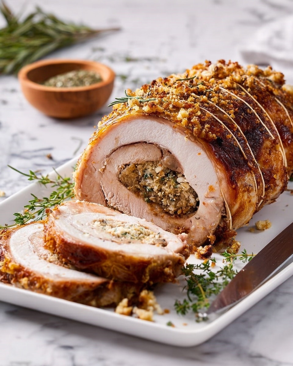 A large rolled roast with a crispy, golden brown outer layer that shows a crunchy texture, tied with string to hold shape, placed on a white rectangular plate. Inside, the roast is sliced to reveal two main layers: a thick, light pinkish cooked meat layer rolled around a darker, inner meat core, both surrounding a crumbly, herb and breadcrumb stuffing in the center. The plate is garnished with fresh green herbs scattered around the roast. A knife rests on the right side of the plate, and in the background there is a small wooden bowl with dried herbs on a white marbled surface. photo taken with an iphone --ar 4:5 --v 7