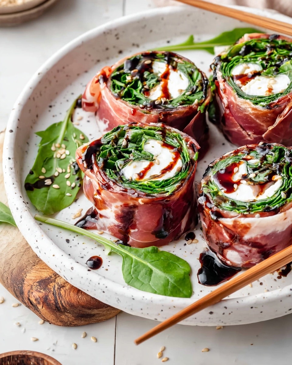 The image shows four sushi rolls on a white speckled plate placed on a white marbled surface. Each roll is wrapped with a thin layer of dark pink prosciutto on the outside. Inside, there are two layers: the outer layer is green fresh leafy spinach, and the inner layer is soft white cream cheese. Dark brown balsamic glaze is drizzled on top, adding a shiny texture. Around the plate, fresh spinach leaves offer a touch of green, and light sesame seeds are scattered on the surface. Light wooden chopsticks rest on the right side of the plate. Photo taken with an iphone --ar 4:5 --v 7