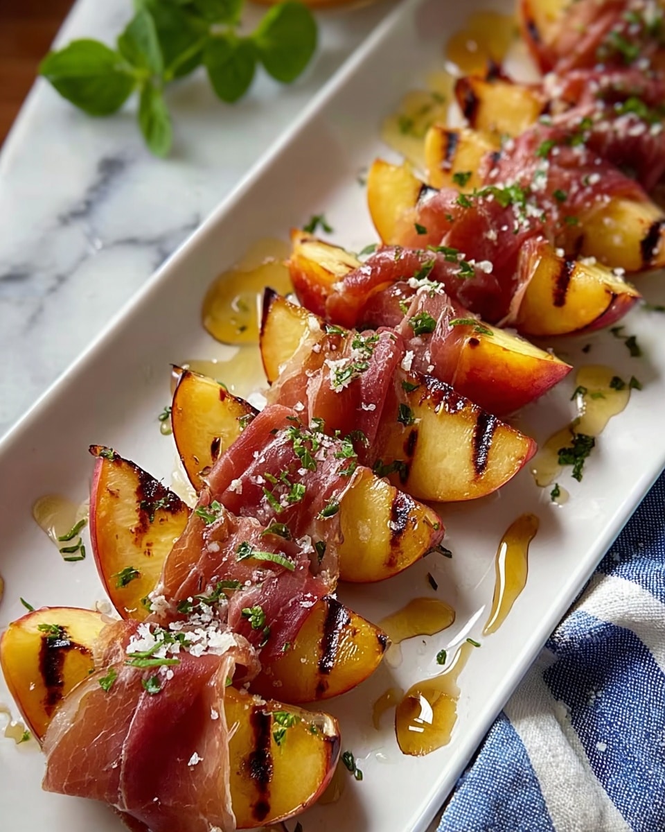 The dish shows a white rectangular plate with eight slices of grilled peach, each with dark grill marks on the yellow-orange flesh. Each peach slice is wrapped loosely with thin, reddish-brown slices of prosciutto, giving a mix of soft and slightly crispy textures. The whole dish is sprinkled with small pieces of green herbs and coarse salt, and there are drops of golden honey drizzled around the plate, adding shine and contrast. The background features a white marbled surface partially covered by a blue and white striped cloth, with some green leaves blurred in the corner. photo taken with an iphone --ar 4:5 --v 7