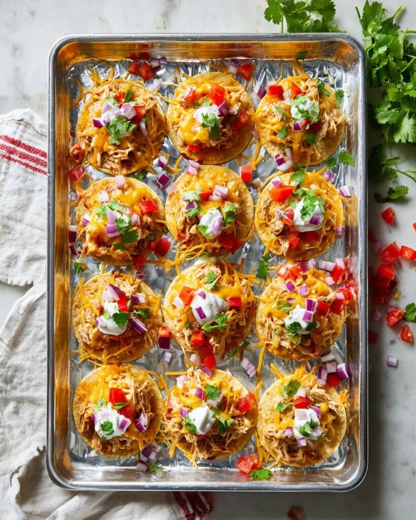 Mini Sheet Pan Tostadas with Chicken, Beans, and Fresh Toppings Recipe