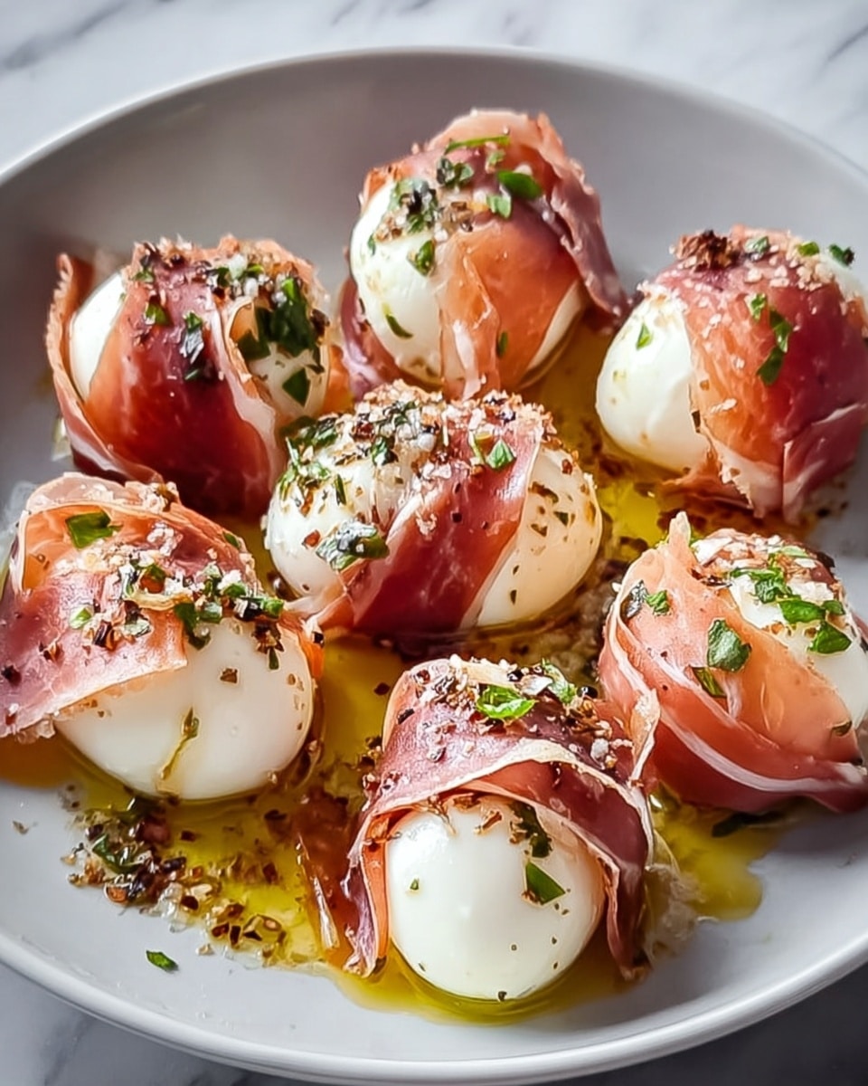 The image shows a white plate with eight small mozzarella balls wrapped in thin slices of prosciutto. Each bite-sized piece is lightly topped with green herbs and small flakes of sea salt. There is a drizzle of golden olive oil pooling around the cheese and meat, giving a slight shine to the dish. The prosciutto is a pinkish brown color with delicate white fat lines, contrasting with the smooth, white mozzarella. Some mozzarella tops have a slightly browned spot, suggesting a light broil or grill. The background is a white marbled surface. photo taken with an iphone --ar 4:5 --v 7
