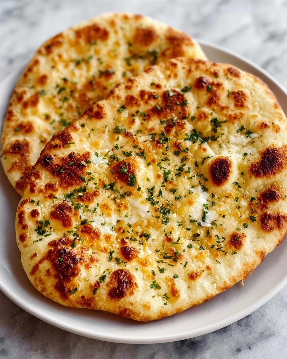 The image shows two round flatbreads stacked on a white plate placed on a white marbled surface. Each flatbread has a golden brown crust with bubbly, slightly charred spots and a soft, fluffy texture. The surface of the breads is sprinkled with green herbs, adding a fresh touch. The top flatbread shows a mix of light browned areas and creamy patches of melted cheese or butter. Photo taken with an iphone --ar 4:5 --v 7