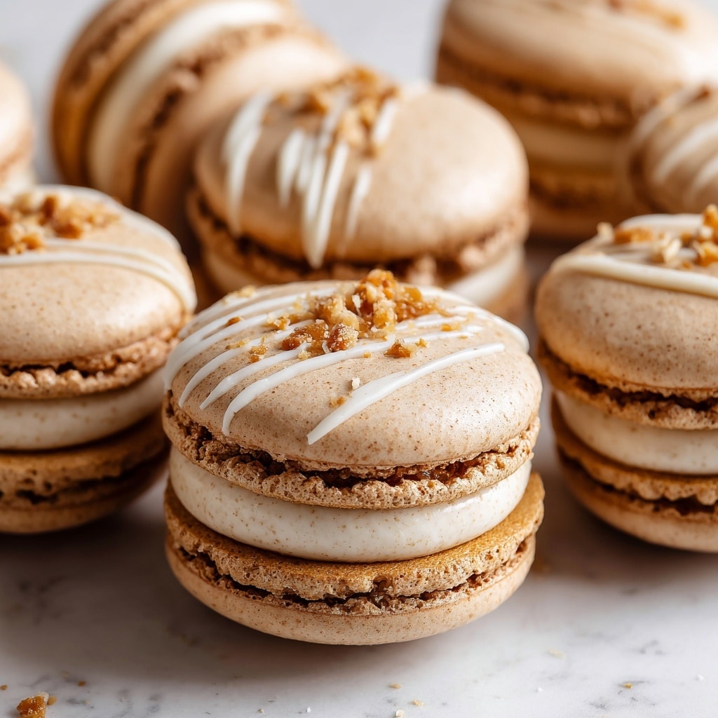 A close-up view of several light brown macarons arranged tightly together on a white marbled surface. Each macaron has two smooth, round, slightly domed cookies with a creamy, light brown filling visible in the middle layer. The top cookie of each macaron is decorated with thin white icing lines and small bits of crushed nuts scattered on one side, adding texture and detail. The macarons show a soft, matte finish with slightly rough edges on the cookie shells. photo taken with an iphone --ar 4:5 --v 7