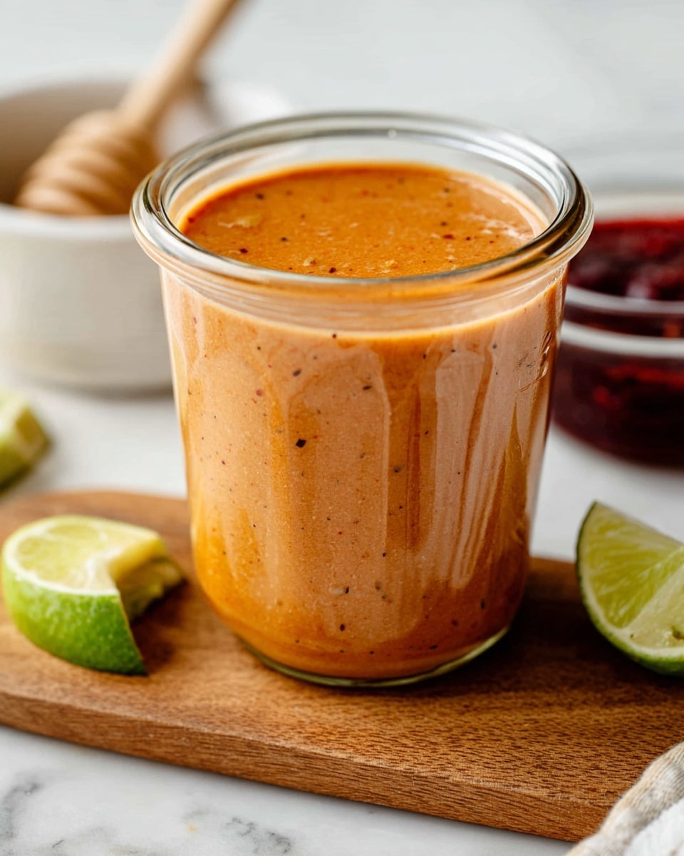 A clear glass jar filled with a thick, orange-brown sauce that has a smooth texture with small specks of spices visible throughout. The jar sits on a wooden board with two small wedges of lime in front of it, showing bright green and pale yellow colors. In the blurred background, there is a white bowl with a honey dipper on the left and a clear bowl with a dark red sauce on the right. The whole scene is set on a white marbled surface, giving a clean and bright feel. Photo taken with an iphone --ar 4:5 --v 7