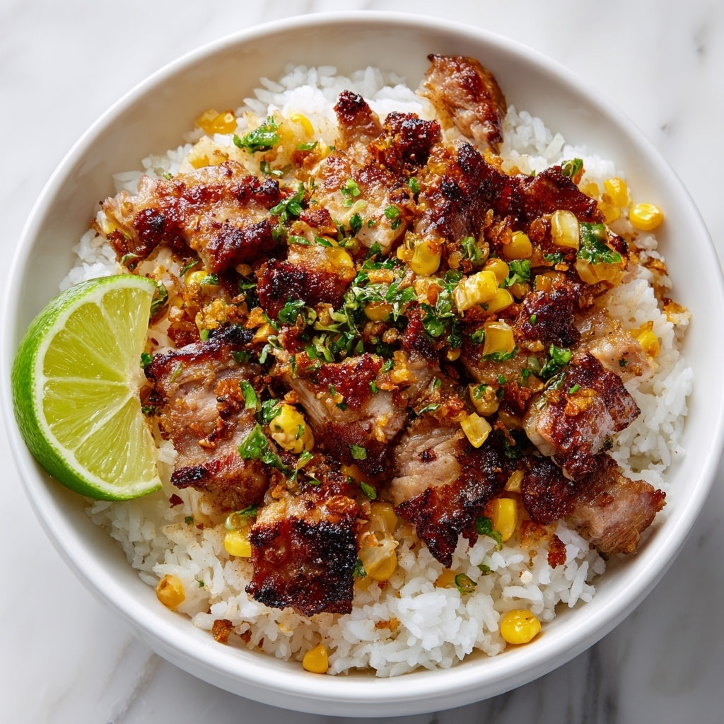 A close-up image of a bowl filled with white rice as the base layer, topped with grilled pieces of pork that have a slightly charred, brown texture. On top of the pork, there are small golden corn kernels scattered evenly, along with chopped green herbs, giving a fresh touch. A slice of lime with a bright green color is placed on the edge of the bowl. The bowl is white, sitting on a white marbled surface. Photo taken with an iphone --ar 4:5 --v 7