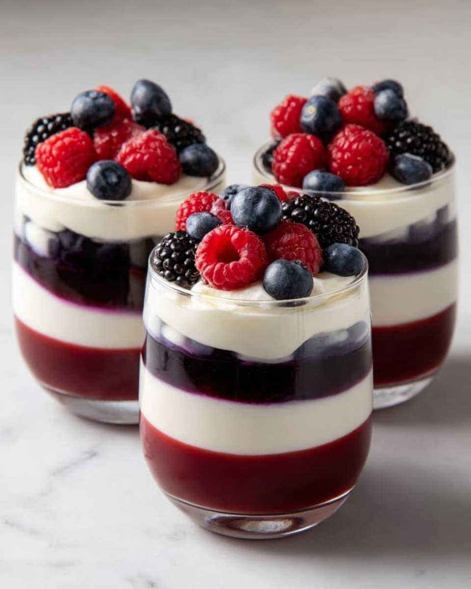 The image shows three clear glasses filled with layered dessert standing on a white marbled surface. Each glass has six visible layers: at the bottom, a dark red jelly-like layer; followed by a thick white cream layer; then a dark purple fruit layer; another white cream layer; a thin dark fruit layer; and at the top, fresh red raspberries, blue blueberries, and black blackberries arranged neatly. The fruits add a bright color contrast to the creamy and dark layers below. Photo taken with an iphone --ar 4:5 --v 7