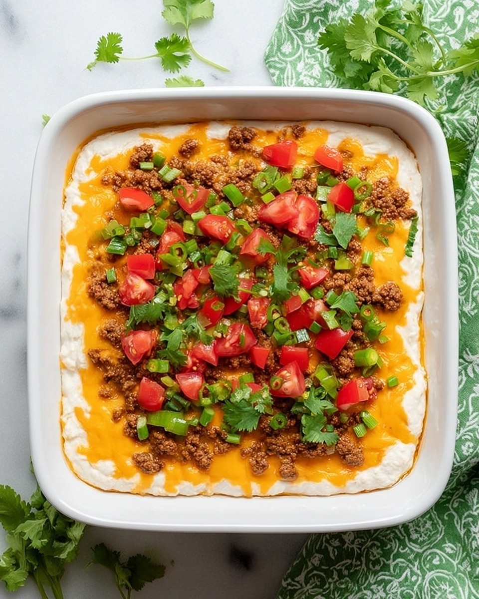 A square white dish holds a layered dip with a thick white creamy base layer covering the bottom. On top is a bright orange melted cheese layer spread evenly. The next layer has browned ground meat scattered all over, mixed with small bright green chopped peppers. The dip is topped with fresh red tomato pieces and vibrant green cilantro leaves distributed on the surface. The dish is placed on a white marbled texture with a green patterned cloth on the right side and some cilantro sprigs on the upper left corner. Photo taken with an iphone --ar 4:5 --v 7